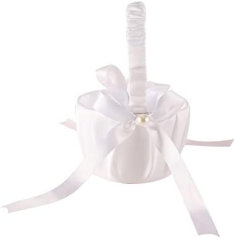 White Satin Imitation Pearls Wedding Flower Girl Basket for 2-6 Years
