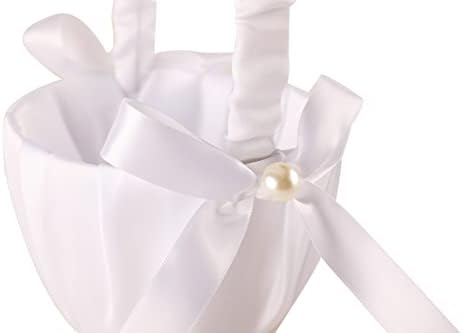 White Satin Imitation Pearls Wedding Flower Girl Basket for 2-6 Years