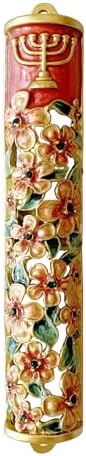 Hand Painted Mezuzah with Menorah and Pomegranate Motifs