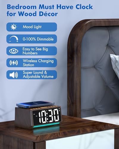 Te-Rich Retro Digital Alarm Clock with Mood Lights and Wireless Charging