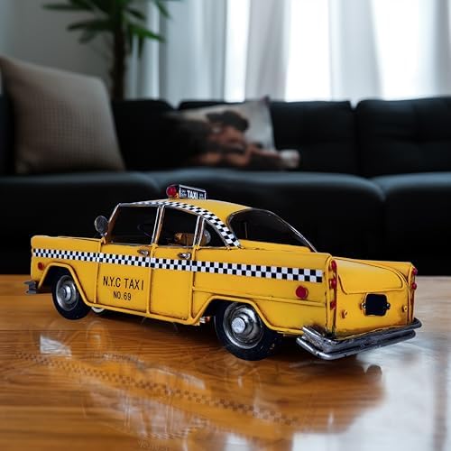 Retro Handmade Yellow NYC Taxi Cab Model 11 Inch Collectible