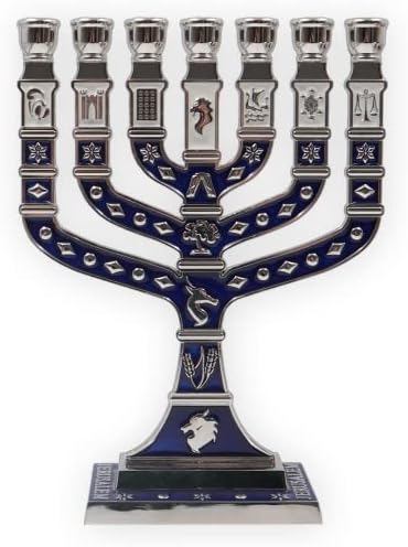 Jerusalem 7 Branch Traditional Menorah Enamel Finish with 12 Tribes of Israel