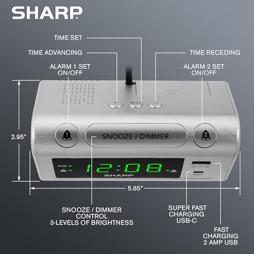 Sharp Alarm Clock with 2 Alarms and USB-C Charging