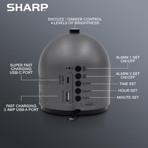 Sharp Dual Alarm Clock with USB Charging and Dimmable Display
