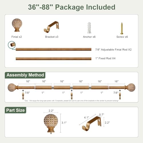 Boho Style Wood Grain Curtain Rod Set 36-88 Inches Natural Wood