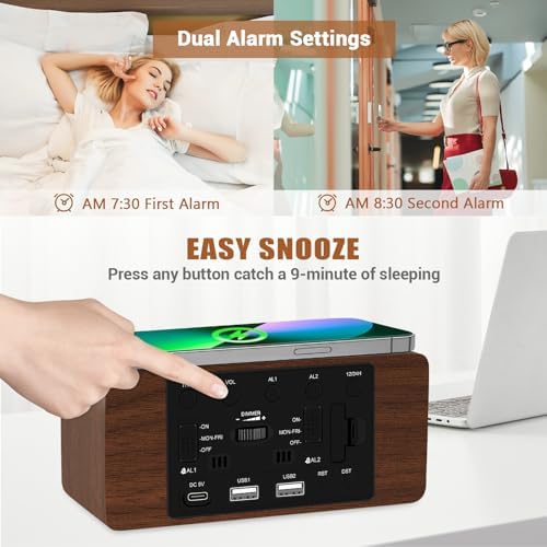 URAYCO Wood Digital Alarm Clock with 10W Wireless Charger and USB Ports
