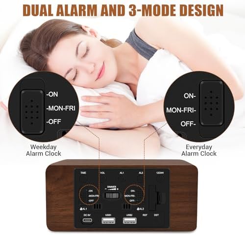 URAYCO Wood Digital Alarm Clock with 10W Wireless Charger and USB Ports