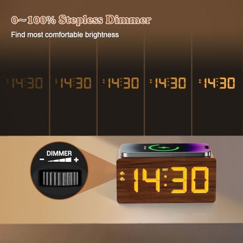 URAYCO Wood Digital Alarm Clock with 10W Wireless Charger and USB Ports