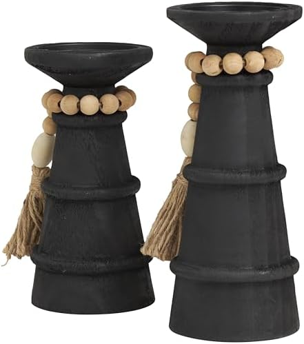 Deco 79 Black Matte Wood Candle Holder Set of 2
