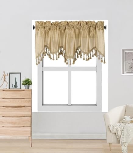 Solid Faux Silk Valance with Tassels 55x18 Inch Wave 1 Gold