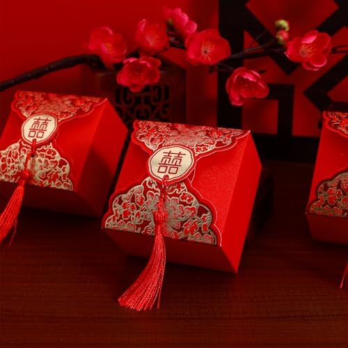 80 Pcs Red Wedding Candy Box with Tassel