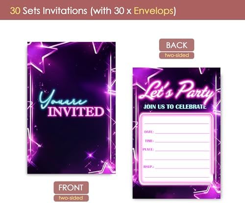 Neon Birthday Invitations 30 Sets with Envelopes