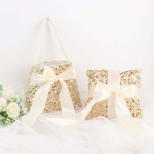 Efavormart Gold Sequin Flower Girl Basket Ring Bearer Pillow Wedding Set