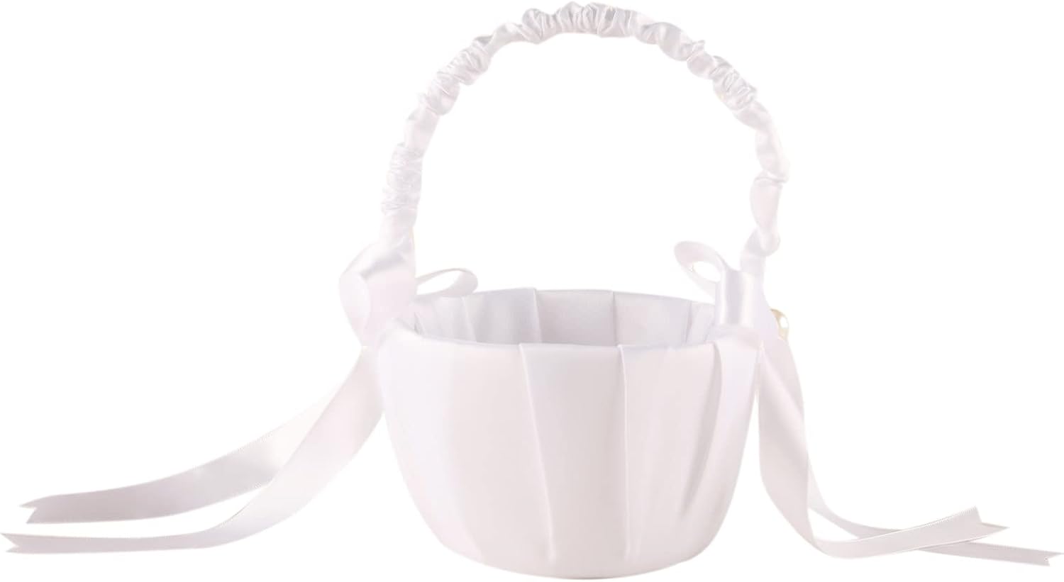 White Satin Imitation Pearls Wedding Flower Girl Basket for 2-6 Years