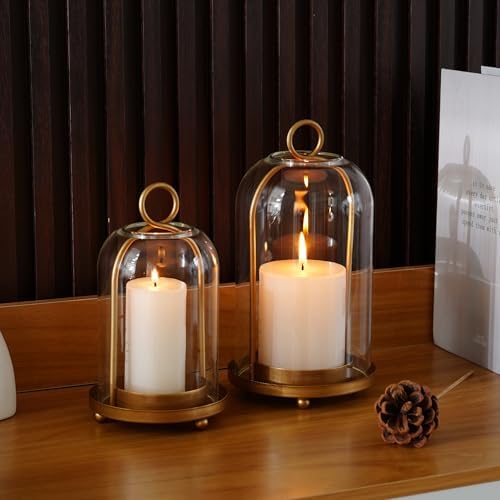 Glass Hurricane Candle Holder Set of 2 with Antique Brass Finish
