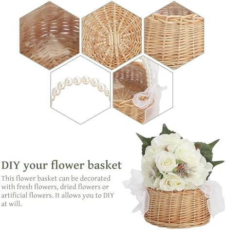 Wicker Rattan Flower Girl Basket with Pearl Handle