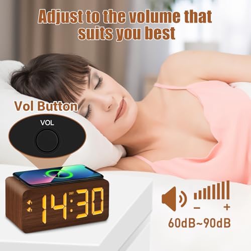 URAYCO Wood Digital Alarm Clock with 10W Wireless Charger and USB Ports