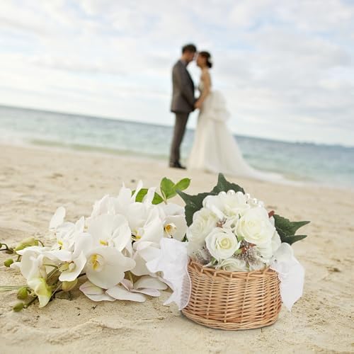 Wicker Rattan Flower Girl Basket with Pearl Handle
