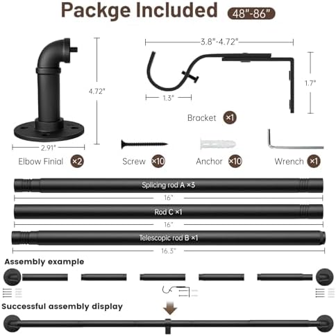 Zeerobee 1 Inch Black Curtain Rod 48-86 Inches