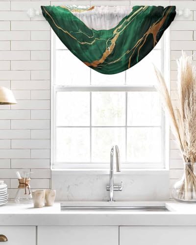 Waterfall Valance Curtains 2 Panels Gold Green Marble Sheer