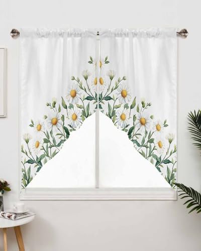 Spring White Daisy Valance Curtains Set for Kitchen and Bedroom