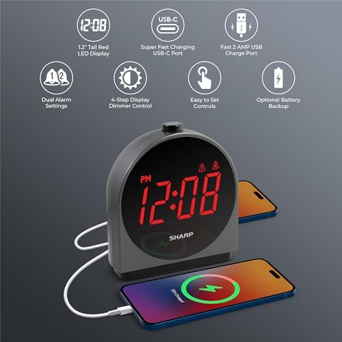 Sharp Dual Alarm Clock with USB Charging and Dimmable Display