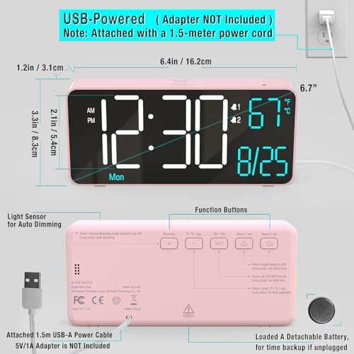Kosumosu Pink Digital Alarm Clock with Dual Alarms