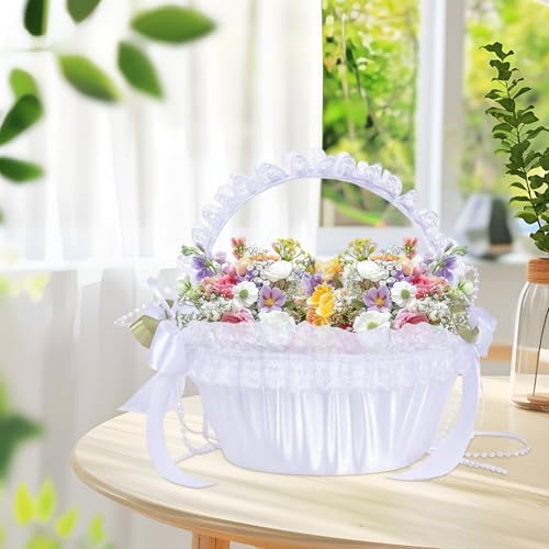 Modern Luxury Ivory Lace and Polyester Flower Girl Basket with Handle