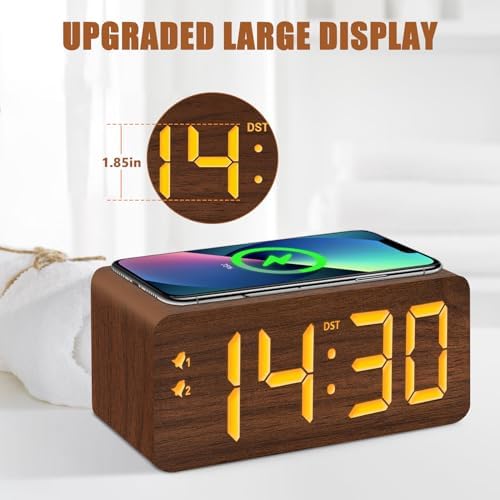 URAYCO Wood Digital Alarm Clock with 10W Wireless Charger and USB Ports