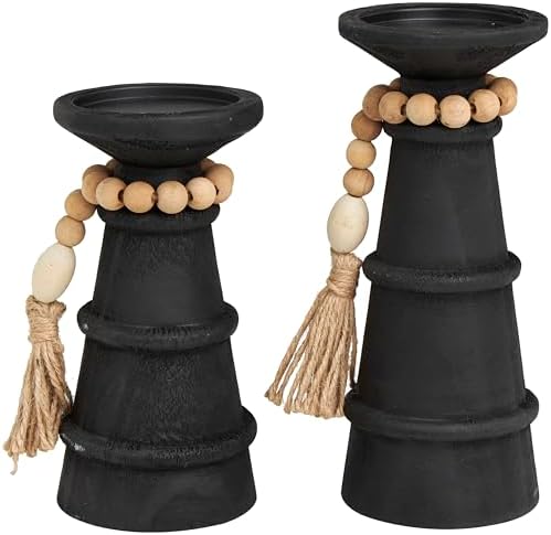 Deco 79 Black Matte Wood Candle Holder Set of 2