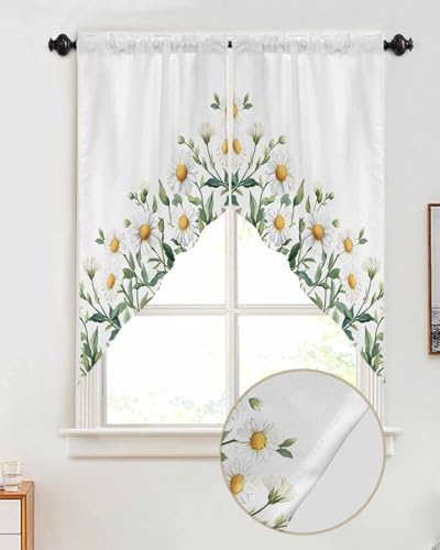 Spring White Daisy Valance Curtains Set for Kitchen and Bedroom