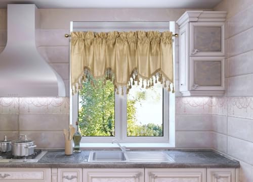 Solid Faux Silk Valance with Tassels 55x18 Inch Wave 1 Gold