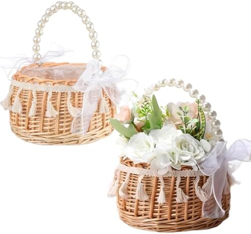 2PCS Wicker Rattan Flower Girl Baskets with Pearl Handle Tassels