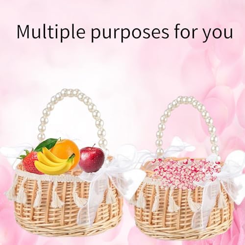 2PCS Wicker Rattan Flower Girl Baskets with Pearl Handle Tassels