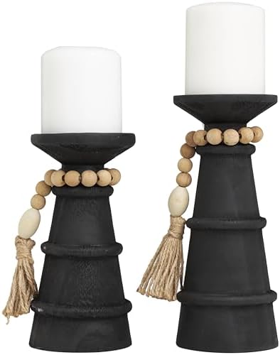 Deco 79 Black Matte Wood Candle Holder Set of 2