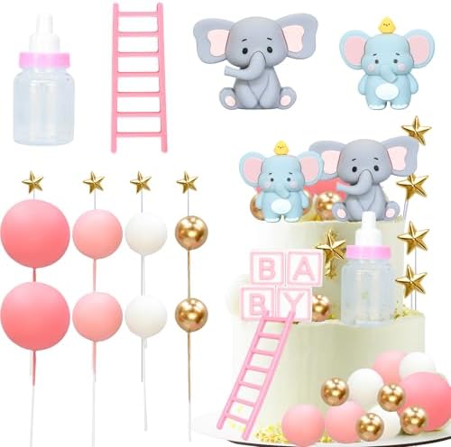 Gyufise 33Pcs 3D Elephant Cake Toppers Pink
