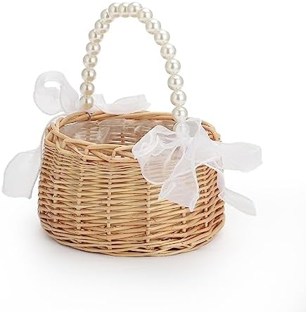 Wicker Rattan Flower Girl Basket with Pearl Handle