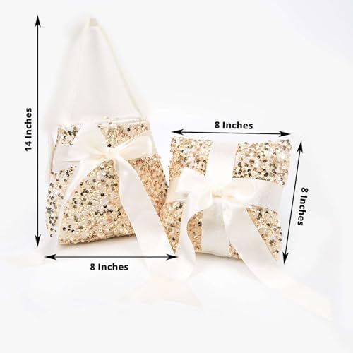 Efavormart Gold Sequin Flower Girl Basket Ring Bearer Pillow Wedding Set