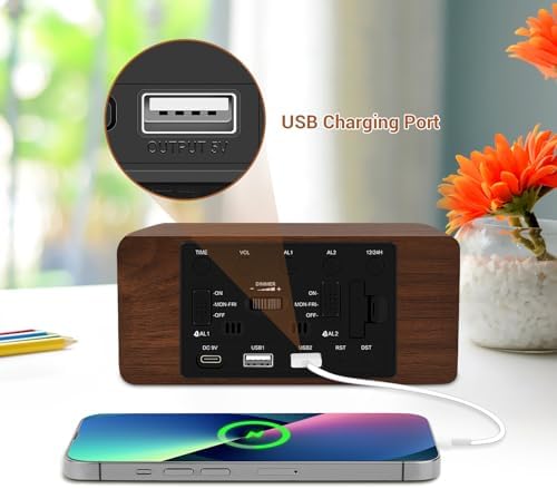 URAYCO Wood Digital Alarm Clock with 10W Wireless Charger and USB Ports