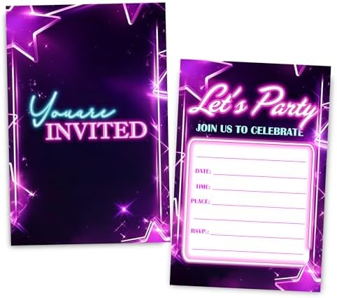 Neon Birthday Invitations 30 Sets with Envelopes