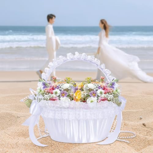 Modern Luxury Ivory Lace and Polyester Flower Girl Basket with Handle
