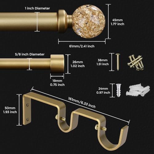 JRZOO Gold Double Curtain Rod for Windows 36-72 Inch