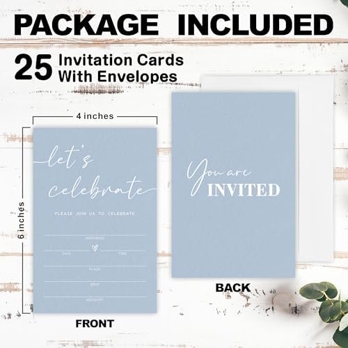 Lets Celebrate Party Invitations 25 Pcs Blue Minimalist Card Set