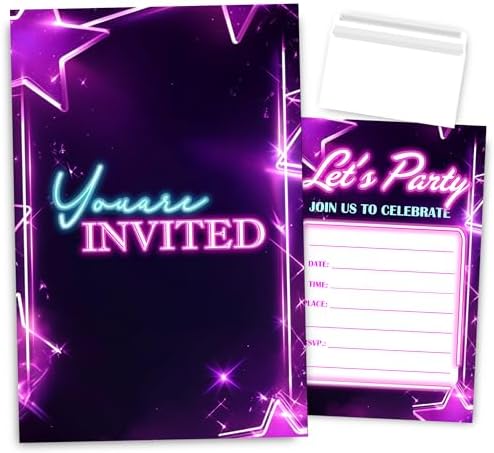 Neon Birthday Invitations 30 Sets with Envelopes