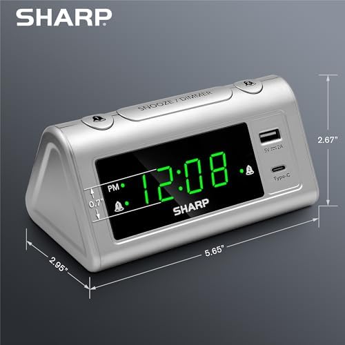Sharp Alarm Clock with 2 Alarms and USB-C Charging