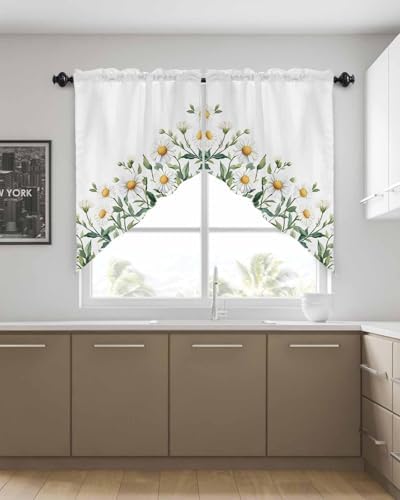 Spring White Daisy Valance Curtains Set for Kitchen and Bedroom