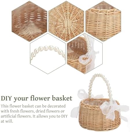 Wicker Rattan Flower Girl Basket for Wedding Ceremony