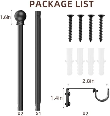 Black Curtain Rods 28-48 Inch 3 Section Set with Brackets