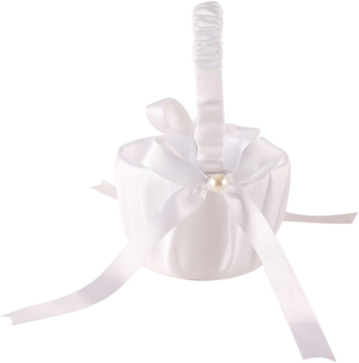 White Satin Imitation Pearls Wedding Flower Girl Basket for 2-6 Years