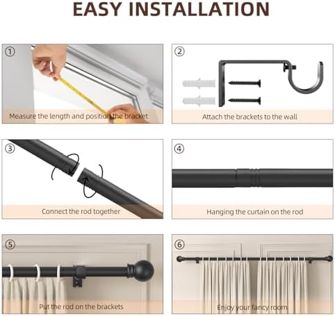 Black Curtain Rods 28-48 Inch 3 Section Set with Brackets